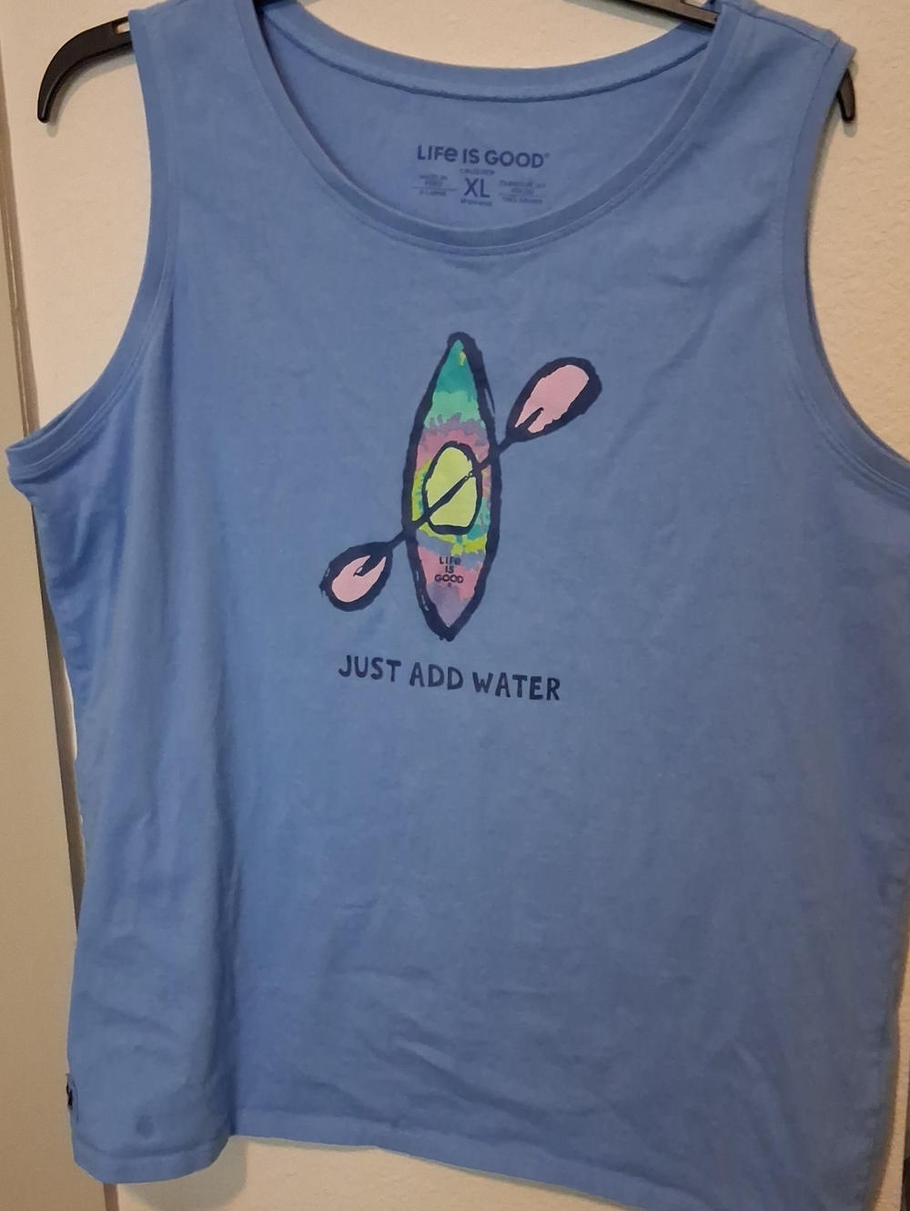 Life Is Good Womens Blue Tank Top with Kayak Graphic Just Add Water XL